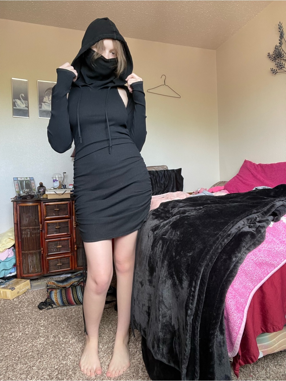 Black Hooded Ribbed Dollskill Dress